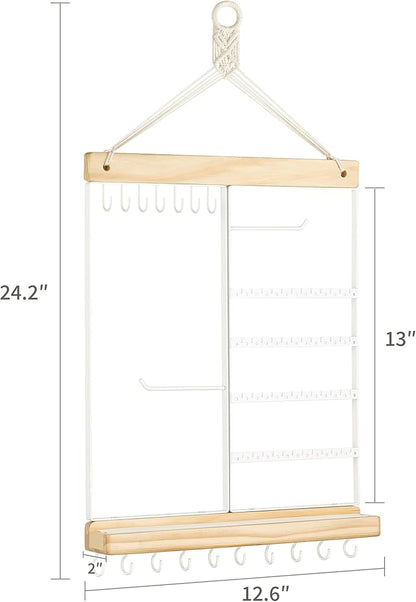 Mkono Hanging Jewelry Organizer Wall Mounted Earring Holder Metal Necklace Holder Wood Shelf with 55 Holes and 7 Hooks Display Rack For Storage Bracelet Rings Ear Studs Accessories Women Bedroom Decor
