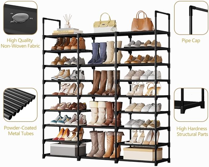 SUOERNUO Shoe Rack Storage Organizer Holds 50-55 Pairs Tall Shelf for Shoes Metal Freestanding Closet Black 9-Tier Non-Woven Dustproof