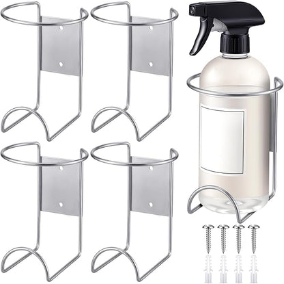 CroBlissful 4 Pcs Spray Bottle Holder Wall Mount Heavy Duty Spray Bottle Rack Stainless Steel Storage Rack Garage Can Organizer Craft with Hardware (Silver)
