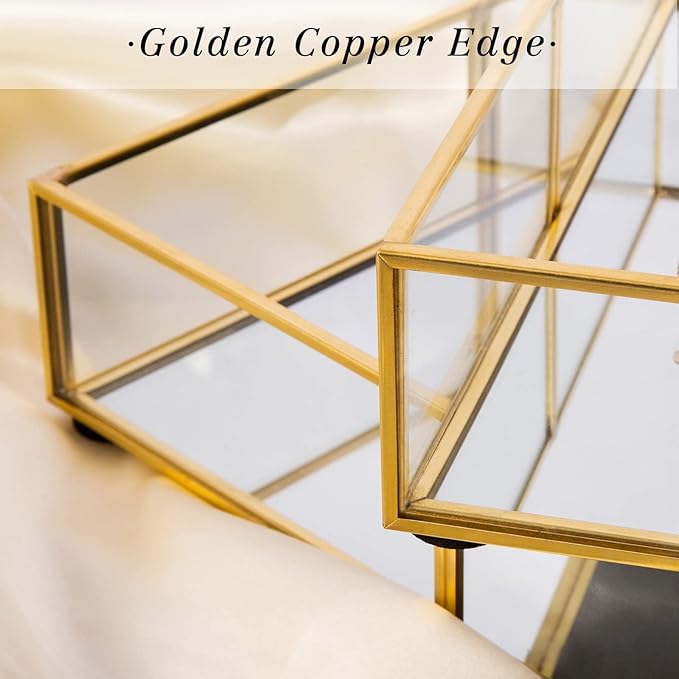 Perfume Tray Vanity Tray with Metal Frame, Gold Tray for Bathroom, Jewelry or Home Decoration 2 Pcs (L+S)