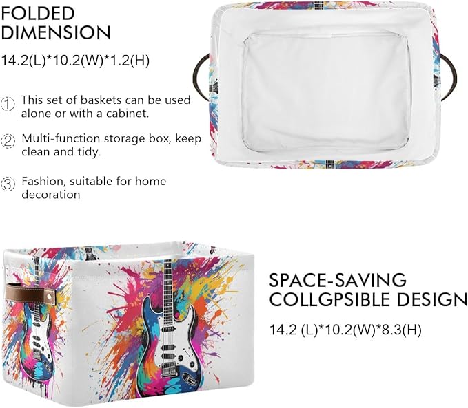 Storage Basket Colorful Guitar Painting Durable Canvas Collapsible Toy Box Organizer Bin with Handles for Shelf Closet Bedroom Home Office