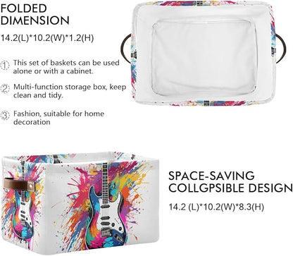 Storage Basket Colorful Guitar Painting Durable Canvas Collapsible Toy Box Organizer Bin with Handles for Shelf Closet Bedroom Home Office