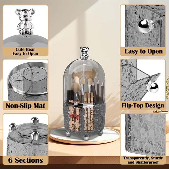 Makeup Brush Holder Organizer with Lid, 360°Rotating Dustproof Makeup Brushes Organizer, 4 Compartment Make Up Brushes Cup for Vanity Desktop Bathroom Countertop (Gray)
