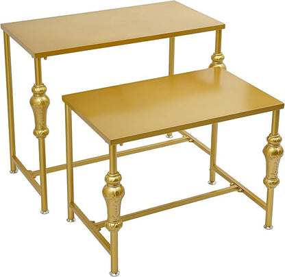 Industrial Retail Display Tables, Set of 2 Standing Clothing Shoes Display Rack Boutique Display Table Storage Shelves for Retail Store, Hotel, office. (Gold)