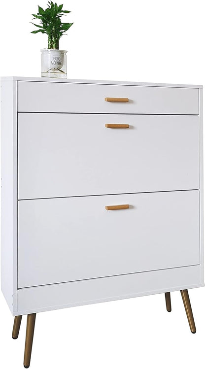 Shoe Storage Cabinets, Free Standing Shoe Organizer with 2 Flip Drawers for Entryway, Narrow 3 Tier Entryway Hidden Shoe Rack with Doors for Heels, Boots, Slippers (White-2 Flip Drawers)