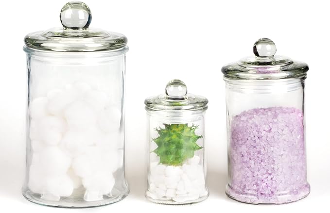 Mini Glass Apothecary Jars, Bathroom Storage Organizer Canisters for Cotton Swabs, Cotton Balls, Makeup Sponges, Bath Salts, Hair Ties, Makeup - Set of 3