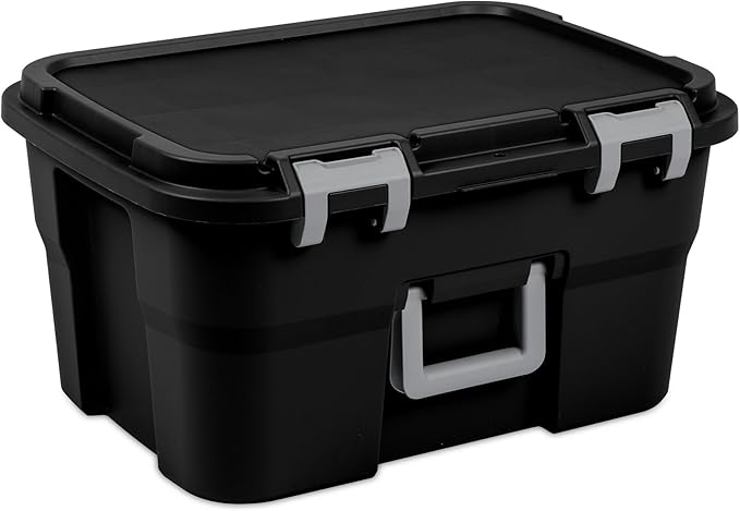 Sterilite 4 Pack Footlocker, 14 Gallon Plastic Storage Container with Latching Lid and Built-In Handles, Black - Large Stackable Bin Home Organizer
