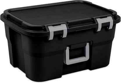 Sterilite 4 Pack Footlocker, 14 Gallon Plastic Storage Container with Latching Lid and Built-In Handles, Black - Large Stackable Bin Home Organizer