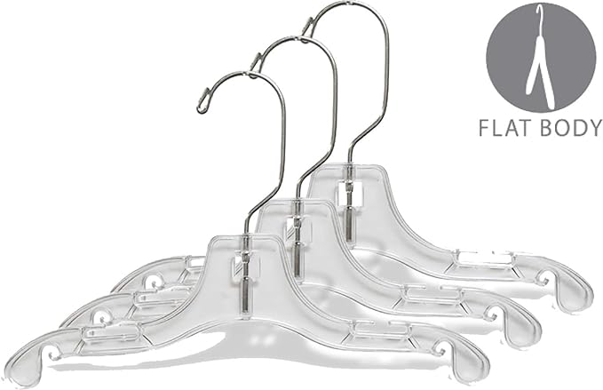 Clear Plastic Baby Top Hanger, (Box of 25) Small 10 inch Space Saving Childrens Shirt Hangers with Notches and 360 Degree Chrome Swivel Hook