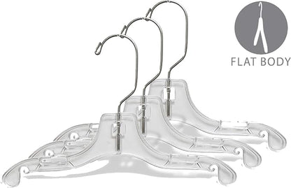 Clear Plastic Baby Top Hanger, (Box of 25) Small 10 inch Space Saving Childrens Shirt Hangers with Notches and 360 Degree Chrome Swivel Hook