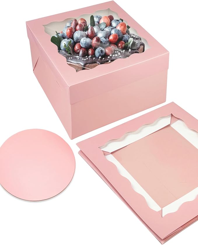 qiqee Pink 10x10x8 Cake Box, 4 Sets Cake Box with Window ＆ 4 Sets 10" Cake Round Boards, 10inch Cake Containers, 10 Meters Pink Silk Ribbon Includes