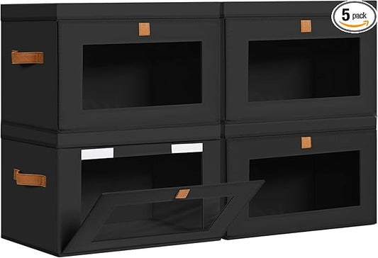 DIMJ Storage Bins with Lids - 4 Pack Large Fabric Closet Organizer with Window & Handles, Collapsible Decorative Storage Boxes for Shelves Under Bed, Books Clothes Blankets Sweaters Organization