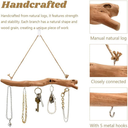 15Inch Driftwood Wall Hanging Jewelry Organizer - 2pcs Rustic Wood Tree-Shaped Wall Decor with 4/5 Hooks for Rustic, Boho & Farmhouse Home
