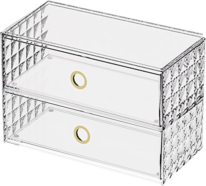2-Tier Stackable Medicine Cabinet Organizer Drawer with Removable Dividers, Clear Plastic Bathroom Storage Drawers for Vanity, Countertop, Wall Cabinet Home Organization