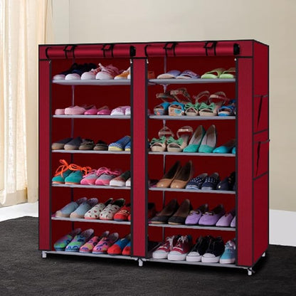 LIKOVSCI 6 Tier 36-Pairs Shoe Rack Tool Free Easy Assembled Shoe Shelf Storage Organizer with Dustproof Nonwoven Fabric Cover (Wine Red, 6-Tier 2-Row)