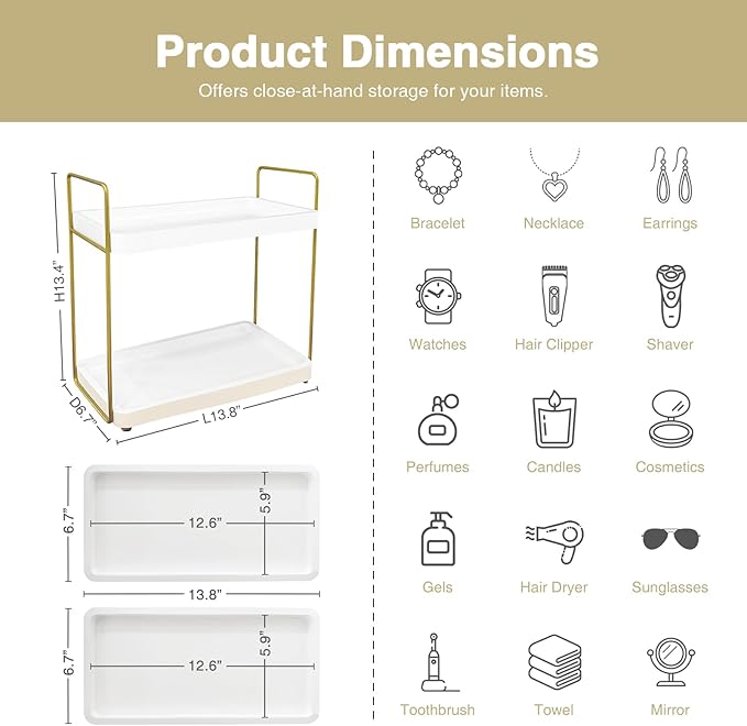 Forbena White and Gold Bathroom Counter Organizer, 2 Tier Makeup Vanity Organizer Countertop, Bathroom Sink Skincare Shelf Tray Organizers and Storage for Perfumes Lotions Kitchen Coffee Bar Decor