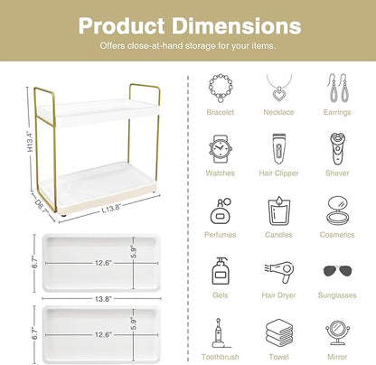 Forbena White and Gold Bathroom Counter Organizer, 2 Tier Makeup Vanity Organizer Countertop, Bathroom Sink Skincare Shelf Tray Organizers and Storage for Perfumes Lotions Kitchen Coffee Bar Decor