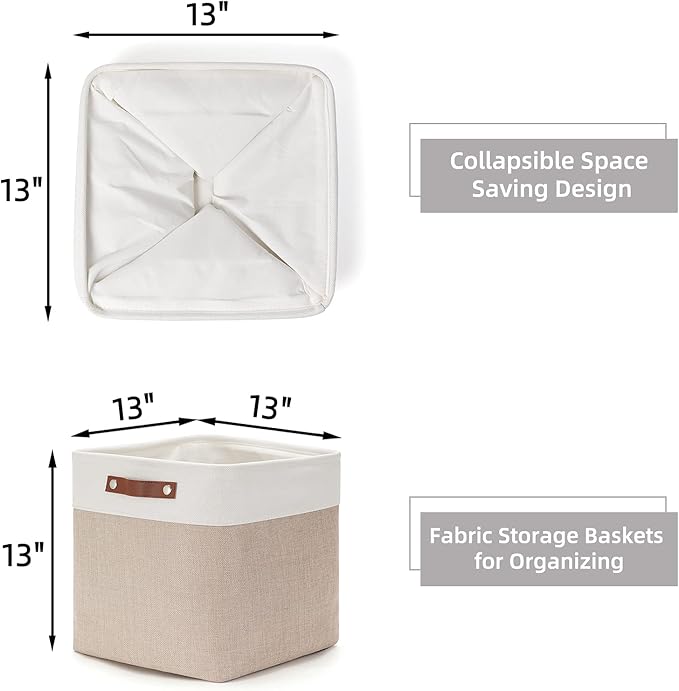 HNZIGE Cube Storage Baskets for Shelves Foldable Storage Baskets(3 Pack) Cube Storage Bin,13 Inch Storage Basket for Organizing with Leather Handles for Toys, Clothes, Kids , Closet (White&Beige)