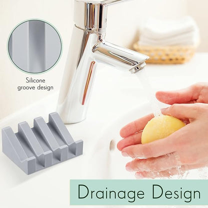 Cunhill 3 Pieces Silicone Soap Dish Self Draining Soap Dish Shower Waterfall Bar Soap Holder Tray with Drain Soap Saver for Kitchen Bathroom Accessories (Light Gray,Bright White,Black)