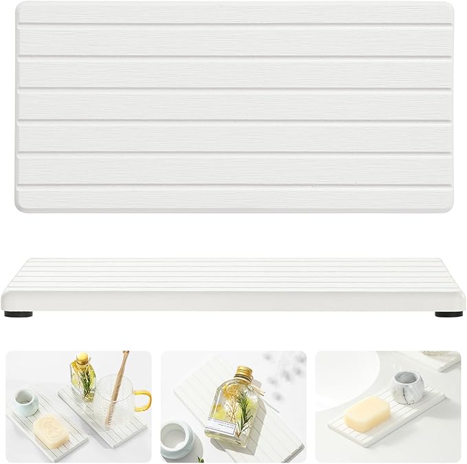 2PCS Water Absorbing Stone Drying Tray Mat for Bathroom Sink & Kitchen Counter Faucet Organizer, Quick Dry Dish Rack Soap Dispenser Sponge Holder, Vanity Sink Caddy Bar Coaster, Ivory White 8“x 4”