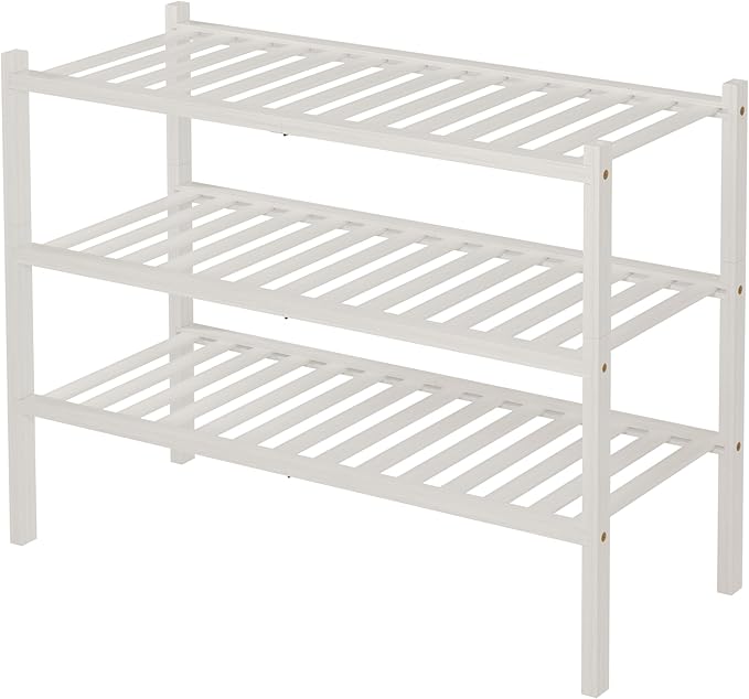 ROMGUAR CRAFT 3 Tier Bamboo Shoe Rack for Closet Free Standing Wood Shoe Shelf Storage Organizer for Entryway Small Space Stackable 27"x11"x20" (White)