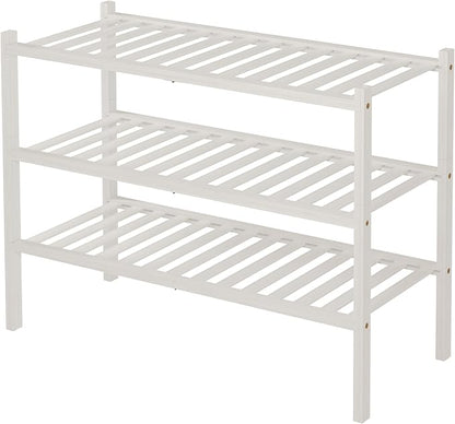 ROMGUAR CRAFT 3 Tier Bamboo Shoe Rack for Closet Free Standing Wood Shoe Shelf Storage Organizer for Entryway Small Space Stackable 27"x11"x20" (White)