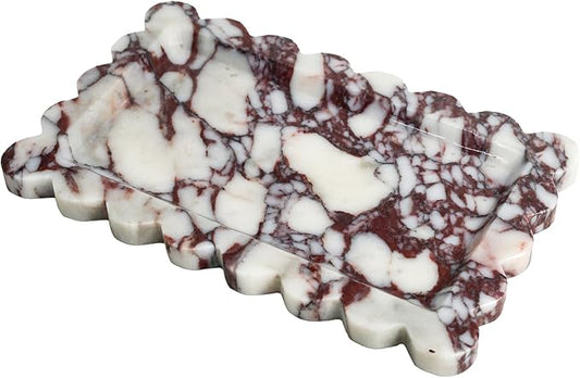 Natural 100% Marble Vanity Tray Luxury Scalloped Marble Storage Square Rectangle Tray for Home Decor Stone Tray for Bathroom Kitchen Candle Key (Rectangle-11.8 * 7.4-Calacatta Viola)
