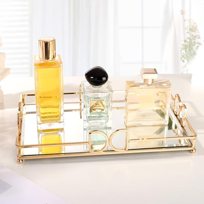 Gold Mirror Tray: Elegant Makeup/Vanity Tray, Luxury Rust-Proof Glass for Bathroom & Bedroom