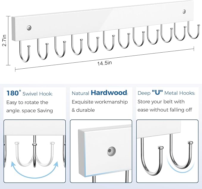 Belt Hanger Wall Mounted, Wooden Belt Organizer Max 12 Storage Capacity, 180° Rotating Space Saving Hangers for Ties, Tank Tops, Scarves, Bras, Keys, Bags White 1 Pack