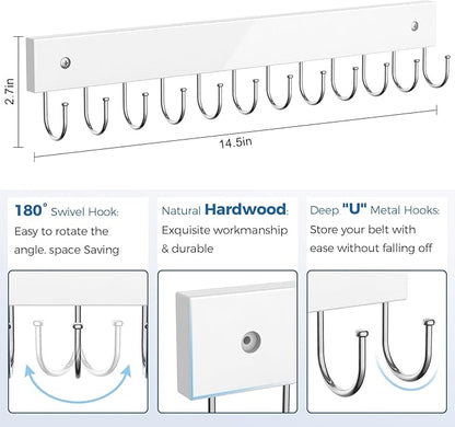Belt Hanger Wall Mounted, Wooden Belt Organizer Max 12 Storage Capacity, 180° Rotating Space Saving Hangers for Ties, Tank Tops, Scarves, Bras, Keys, Bags White 1 Pack