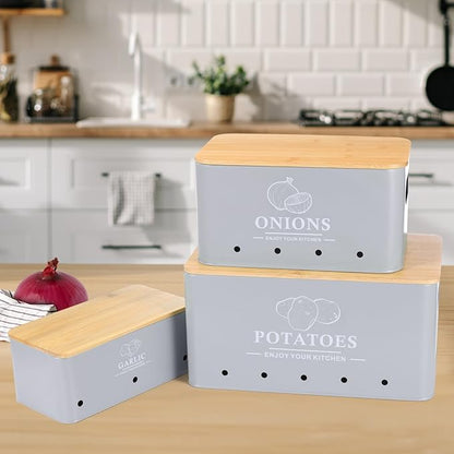 Kitchen Vegetable Storage Set of 3, Metal Onion Garlic Potato Storage Set, Kitchen Canisters Vegetable Keeper Containers with Aerating Holes and Wooden Lid (Grey)