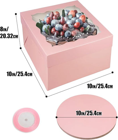qiqee Pink 10x10x8 Cake Box, 18 Sets Cake Box with Window ＆ 18 Sets 10" Cake Round Boards, 10inch Cake Containers, 10 Meters Pink Silk Ribbon Includes