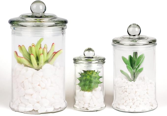Mini Glass Apothecary Jars, Bathroom Storage Organizer Canisters for Cotton Swabs, Cotton Balls, Makeup Sponges, Bath Salts, Hair Ties, Makeup - Set of 3