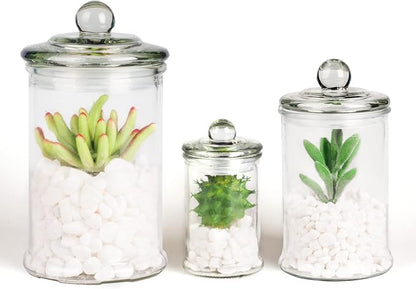 Mini Glass Apothecary Jars, Bathroom Storage Organizer Canisters for Cotton Swabs, Cotton Balls, Makeup Sponges, Bath Salts, Hair Ties, Makeup - Set of 3