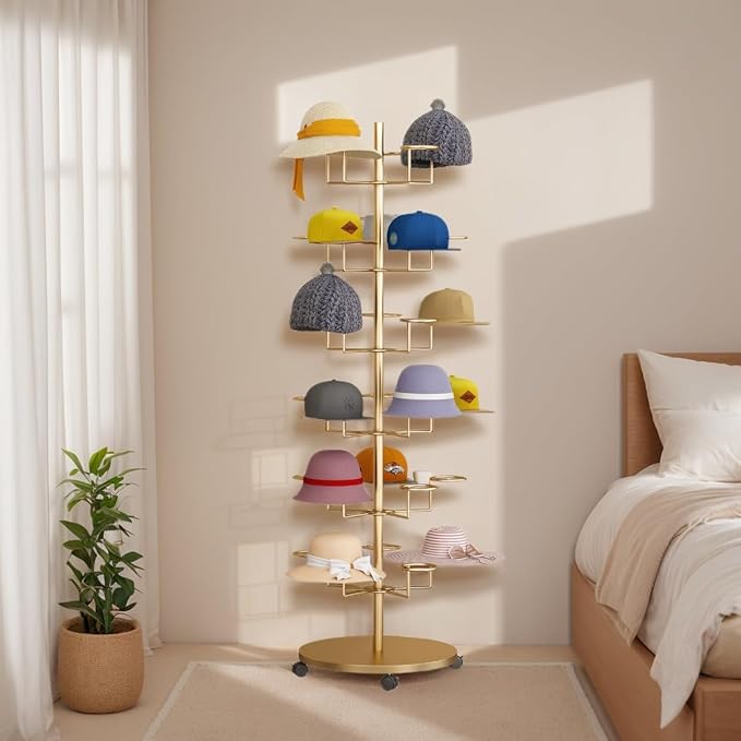 6 Tier Baseball Hat Organizer, Standing Hat Rack Stand, Cowboy Hat with 30 Hooks, Floor Hat Display for Home Store Vendors(Gold,6 Tier)