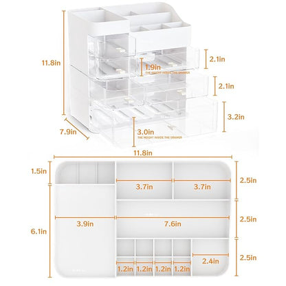 White Countertop Makeup Organizer with 6 Drawers,Large Capacity Skincare Organizers for Vanity,Desk,Dresser,Plastic Bathroom Counter Organizer for Beauty,Skin Care,Perfume,Make up Brush Organization