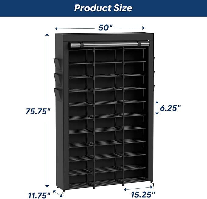 Ekisemio 12-Tier Tall Shoe Rack with Covers – Holds 72 Pairs, Large Capacity Vertical Shoe Organizer – Space-Saving Storage for Closet, Entryway, Bedroom