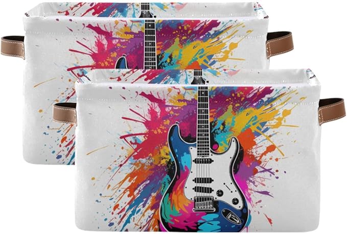 Storage Basket Colorful Guitar Painting Durable Canvas Collapsible Toy Box Organizer Bin with Handles for Shelf Closet Bedroom Home Office