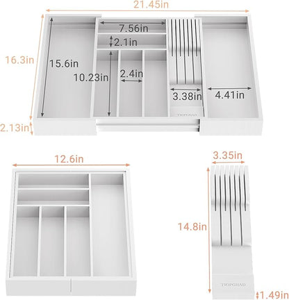 TIOPGHAD Bamboo-Silverware-Drawer-Organizer-Kitchen, Expandable Utensil Holder Cutlery Tray Flatware Organization Adjustable Wood Tableware Dividers Storage (with Removable Knife Block)(White)