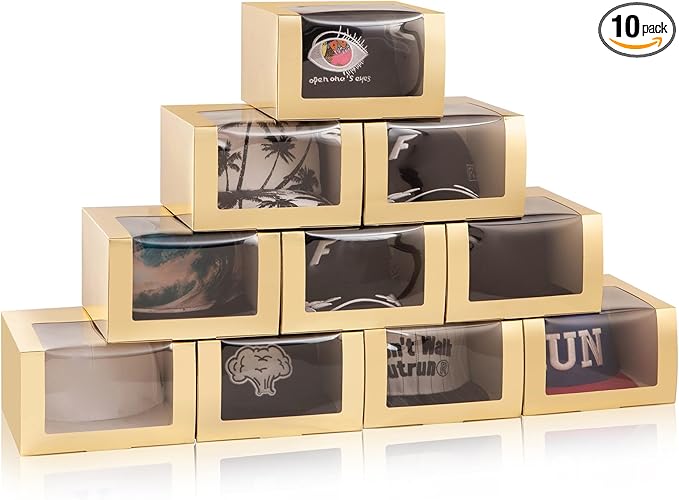 LADYBRO Gold Gift Boxes with Window Display for Hat Storage Containter for Baseball Caps (Fitted, Snapbacks, Trucker), 7.8" x 7.8" x 4.8", 10 Pack