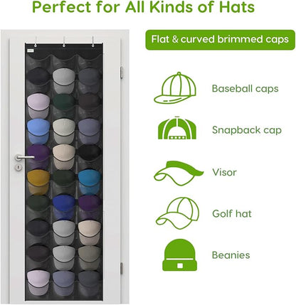 Baseball Hat Rack, 30 Pocket Over-The-Door Hat Organizer with Clear Deep Pockets to Display Baseball Caps Collection, Complete with 3 Over Door Hooks (Black, 30 Pockets)