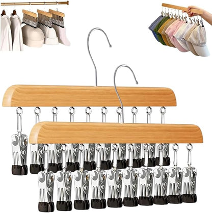 Closet Organizer with 10 Clips, Space Saving Hanging Closet Organizers Adjustable Wooden Legging Organizer for Closet, Stainless Steel Pants Hanger with Clips for Women Men (Wood, 2pcs)