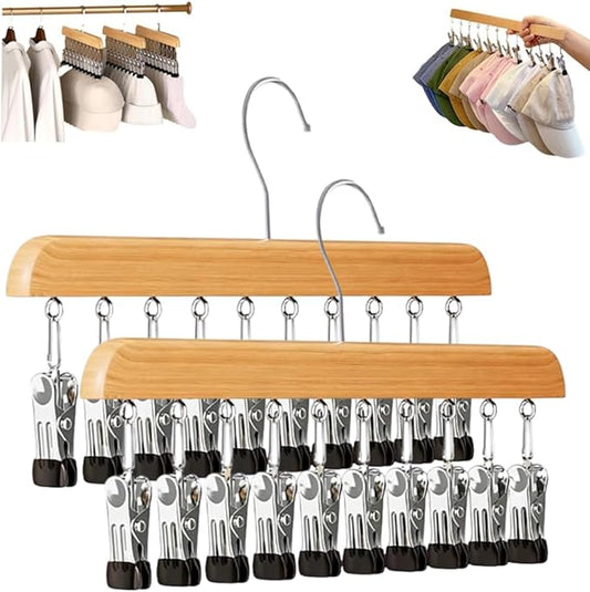 Closet Organizer with 10 Clips, Space Saving Hanging Closet Organizers Adjustable Wooden Legging Organizer for Closet, Stainless Steel Pants Hanger with Clips for Women Men (Wood, 2pcs)