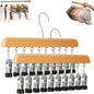 Closet Organizer with 10 Clips, Space Saving Hanging Closet Organizers Adjustable Wooden Legging Organizer for Closet, Stainless Steel Pants Hanger with Clips for Women Men (Wood, 2pcs)