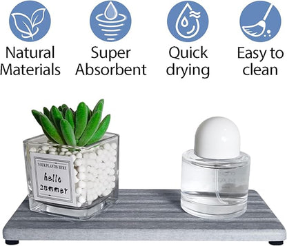 2 PCS Water Absorbing Stone Trays for Bathroom Sink & Kitchen Counter, Fast-Drying Diatomite Sink Caddy, Vanity Tray, Hand Soap Holder with Anti-Skid Pads (Gray, 8.7" x 4"/22 x 10cm)