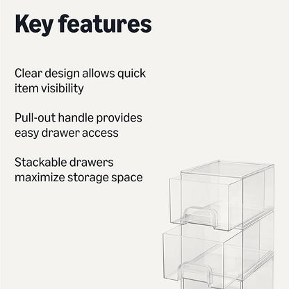 Amazon Basics Stackable Plastic Storage Makeup Organizer Drawers, Clear, 7.5" x 6" x 4.5", 4 Pack