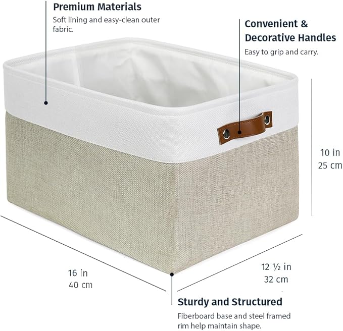 OrganiHaus 16x12.5in Canvas Storage Baskets 3 Pack | EXTRA LARGE Fabric Bins for Shelves | Linen Closet Organizer | Beige/Off-White