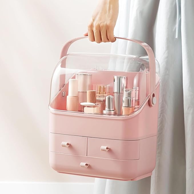 HBlife Makeup Organizer, Waterproof & Dustproof Cosmetic Storage, Fully Open Lid Makeup Display Box, Skincare Organizer for Bathroom Countertop Vanity, Pink