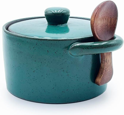 Ceramic Salt Cellar With Lid & Spoon,12oz Salt Container For Countertop,Sugar Bowl,Spice Jar(Green B)