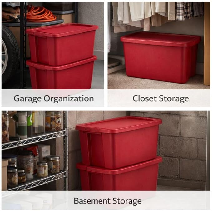 18 Gallon Plastic Storage Tote with Secure Snap-On Lid, Stackable Storage Bin for Linens, Seasonal Decor, Keepsakes & Home Organization (Red)